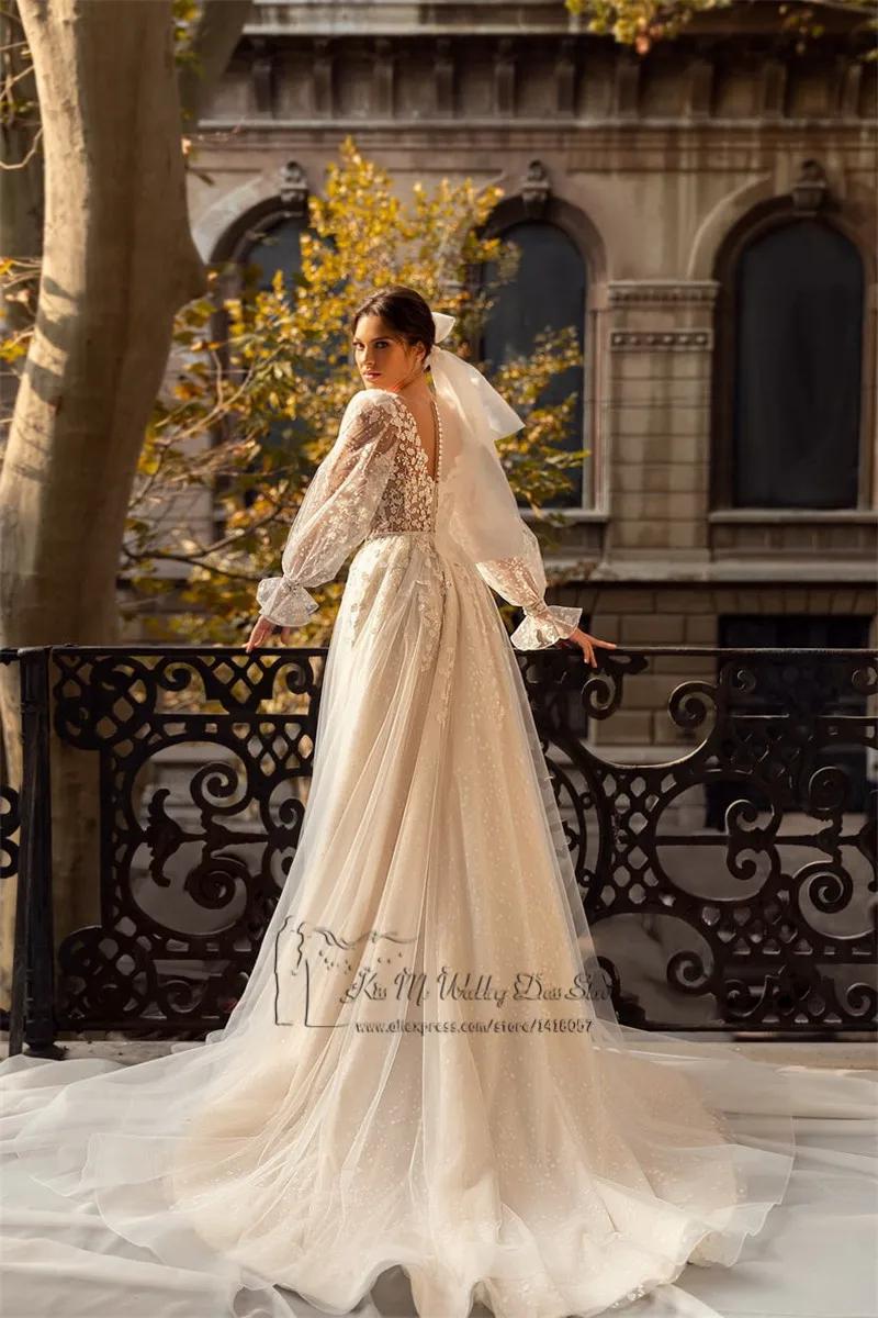 Robe de mariée Vintage à manches longues bouffantes, en dentelle, à paillettes, pour église, balayage, Train, col en V, robes de mariage scintillantes, plage, 2021