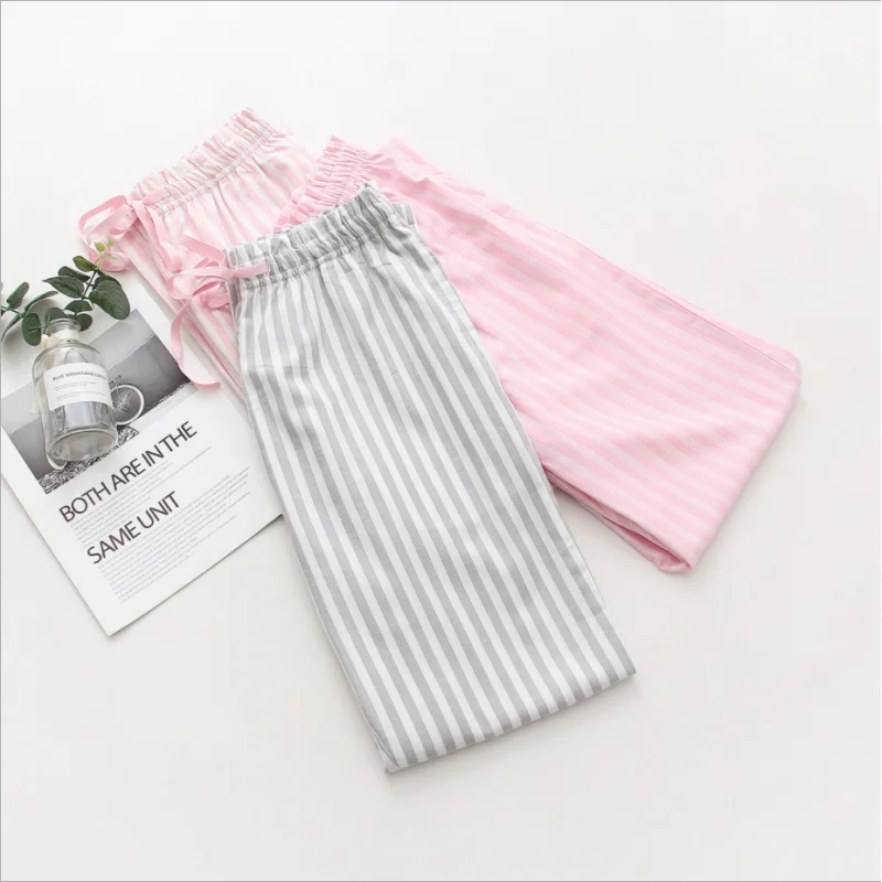 Spring Summer Women 100% Cotton Home Pants Female Lounge Trousers Sleepwear Pants Ladies Casual Striped Sleep Bottoms S-XL