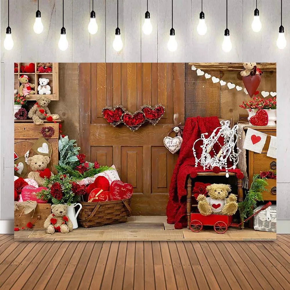 Valentine's Day Rustic Wood Photo Shoot Backdrop for Photography Studio Red Rose Flower Bear Background for Photo Booth Props