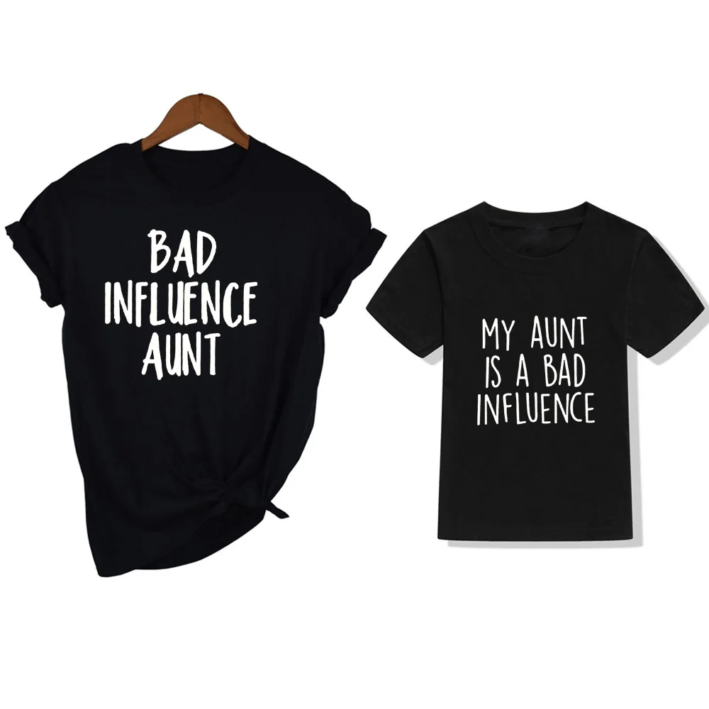 1pc My Aunt Is A Bad Influence and The Bad Influence Aunt  Family Look Black Summer Short Sleeve Matching Clothes Cool Style