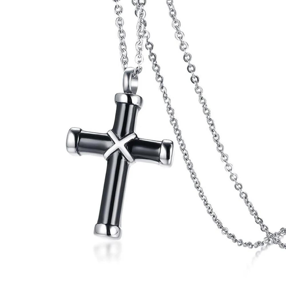 Stainless Steel Cremation Urn Ash Black Tone Cross Pendant Necklace Fashion Jewelry Gift For Him