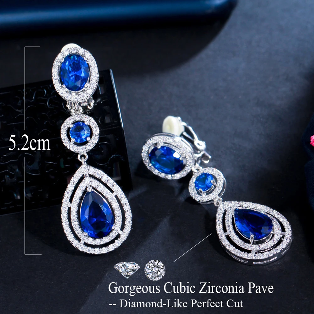 BeaQueen Dark Blue Cubic Zirconia Long Water Drop Statement Clip On Earrings without Piercing for Women Ear Clips Jewelry E286