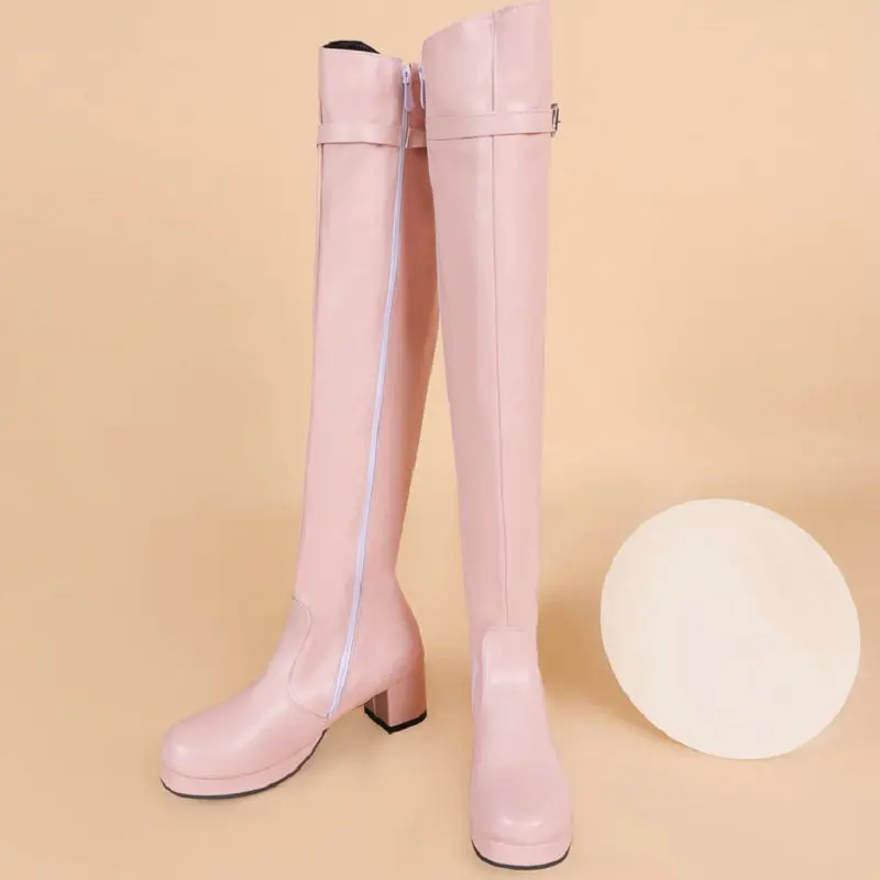 Stivali da bambina rosa dolce Lolita scarpe invernali piattaforma tacchi robusti quadrati Overknees taglia Extra grande 47 48 stivali sopra il