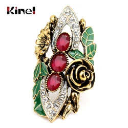 Kinel Luxury Women Rings Vintage Jewelry Antique Gold Color Mosaic Red Zircon Green Enamel Bride Wedding Ring Christmas Gift