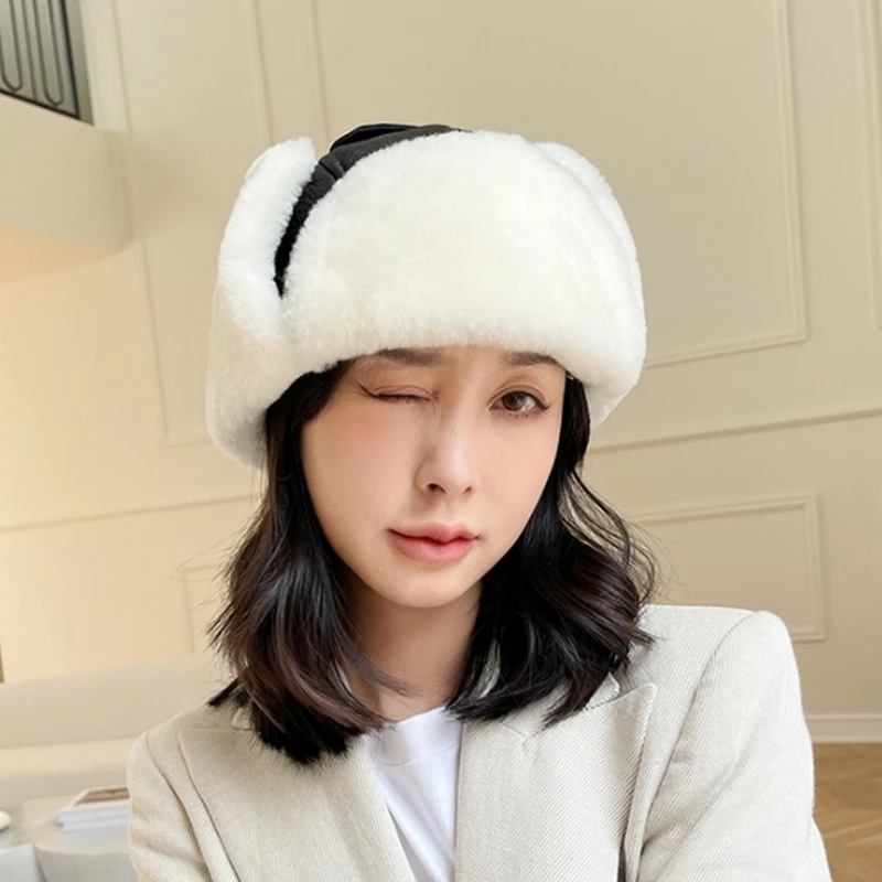 

2021 New Women Double Face 100% Shearling Wool Bomber Hat Winter Cap Lamb Fur Trapper Russian Unisex Ski Hats Real Leather Caps