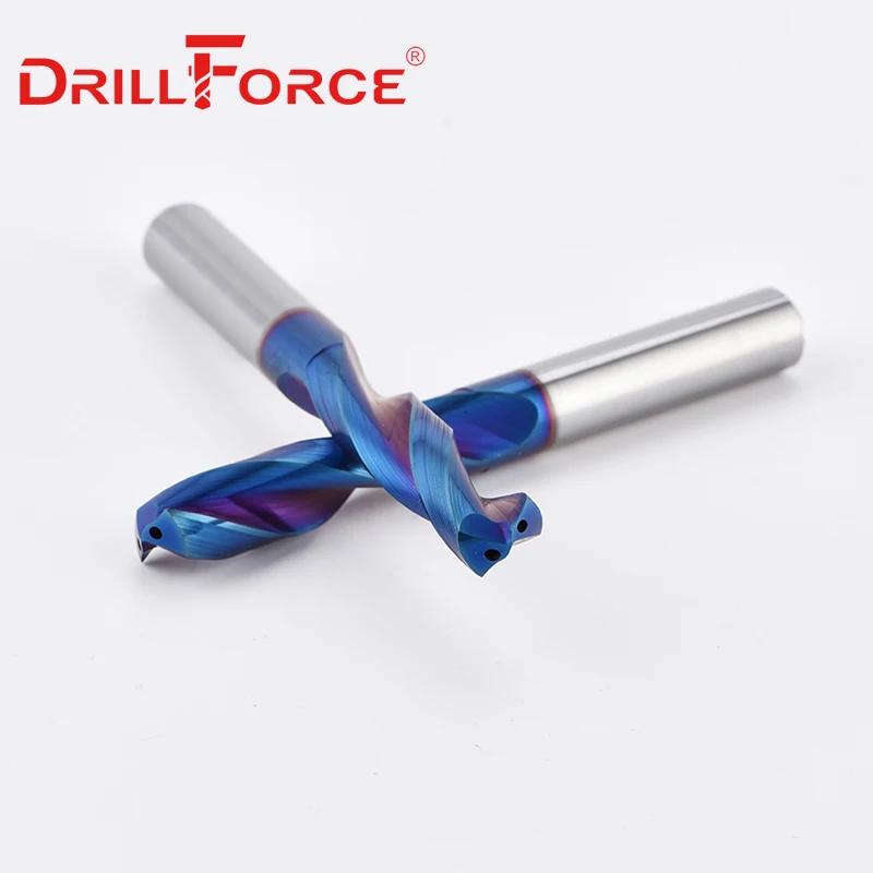 Drillforce 1PC 3mm-16mm HRC65 Solid Carbide Drill Bits, Inner Through Coolant Hole 5D Nano Blue Spiral Flute Twist CNC Drill Bit