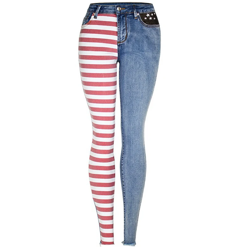 

Эластичные джинсы-карандаш в полоску, женские джинсовые брюки, тонкие брюки с контрастными цветными блоками, брюки пуш-ап, уличная одежда, индивидуальность 3XL 4XL