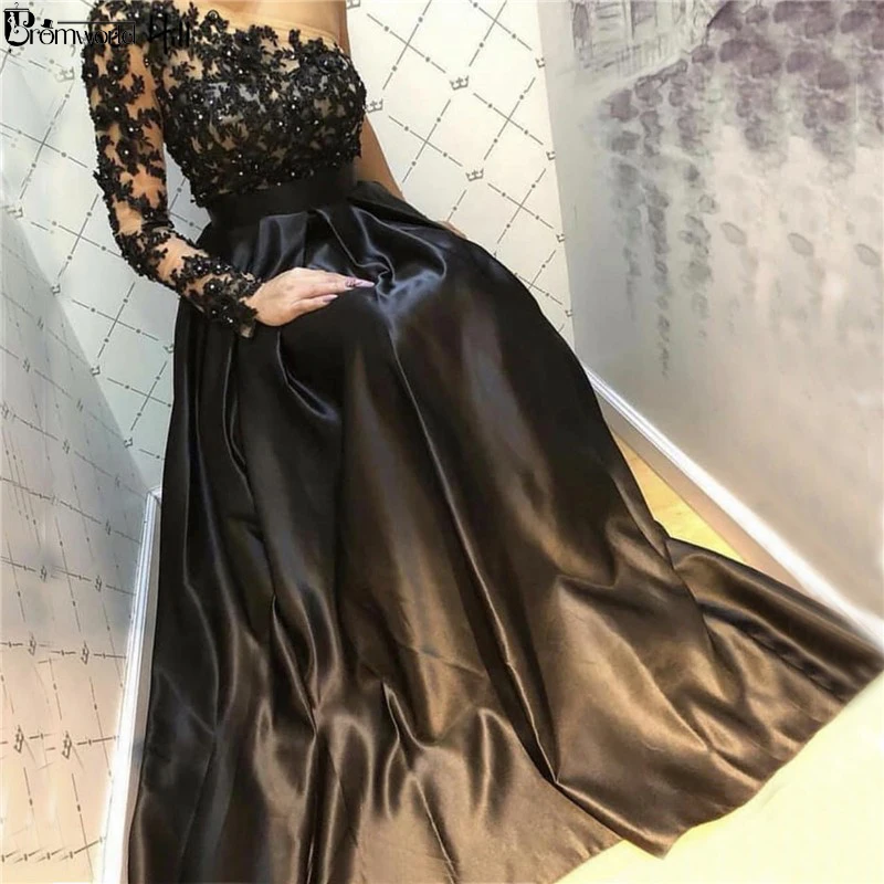 

Black Formal Dress One Shoulder Sexy A-Line Long Sleeve Evening Prom Handmade Flowers Crystal Satin Lace Evening Gowns