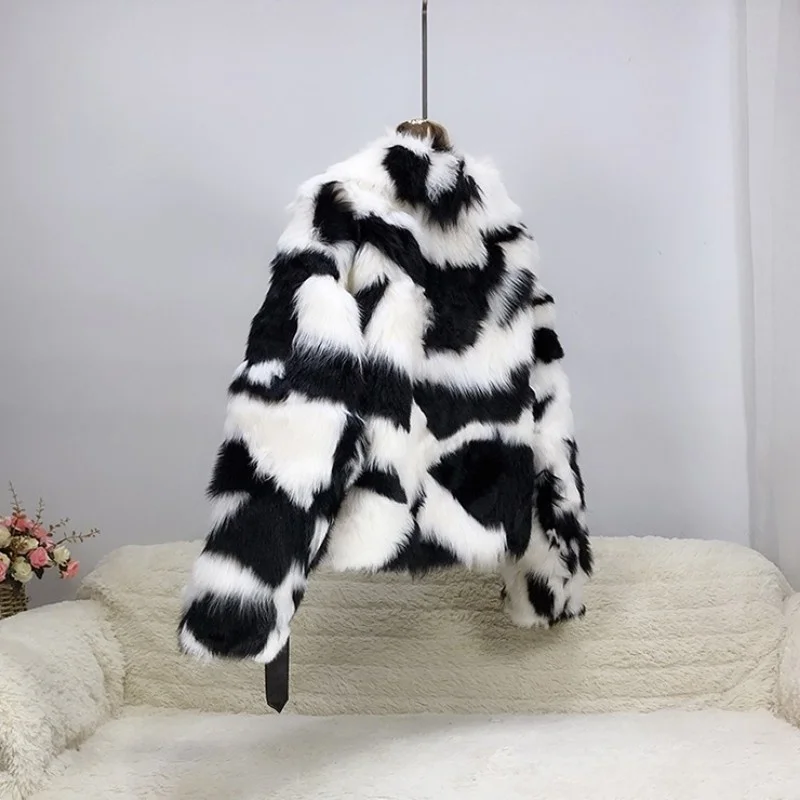 Women Winter Real Fur Jacket High Street Leather Belted Black White Colors Mixed Natural Wool Coat Ladies Thick Padded Overcoat