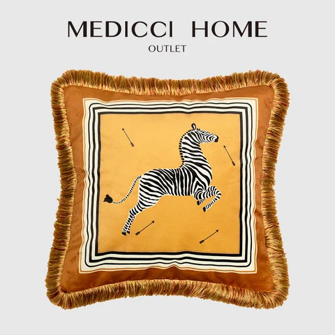 Medicci Home Italian Retro Luxury Cushion Cover Designer Arrows Zebra Printed Wild Elegant Euro Size Pillow Case Fringed 53x53cm
