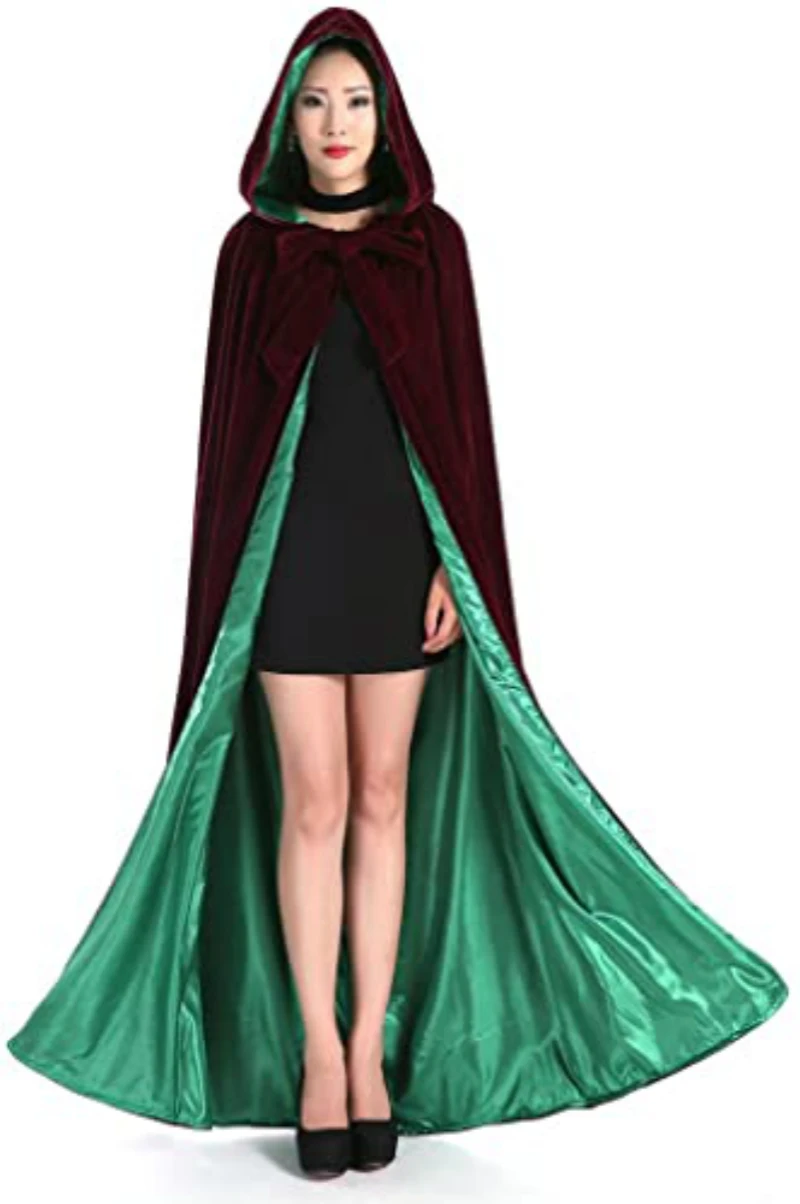 Full Length Burgundy Hooded Cloak Cape Velvet Halloween Cosplay Cloak Wraps