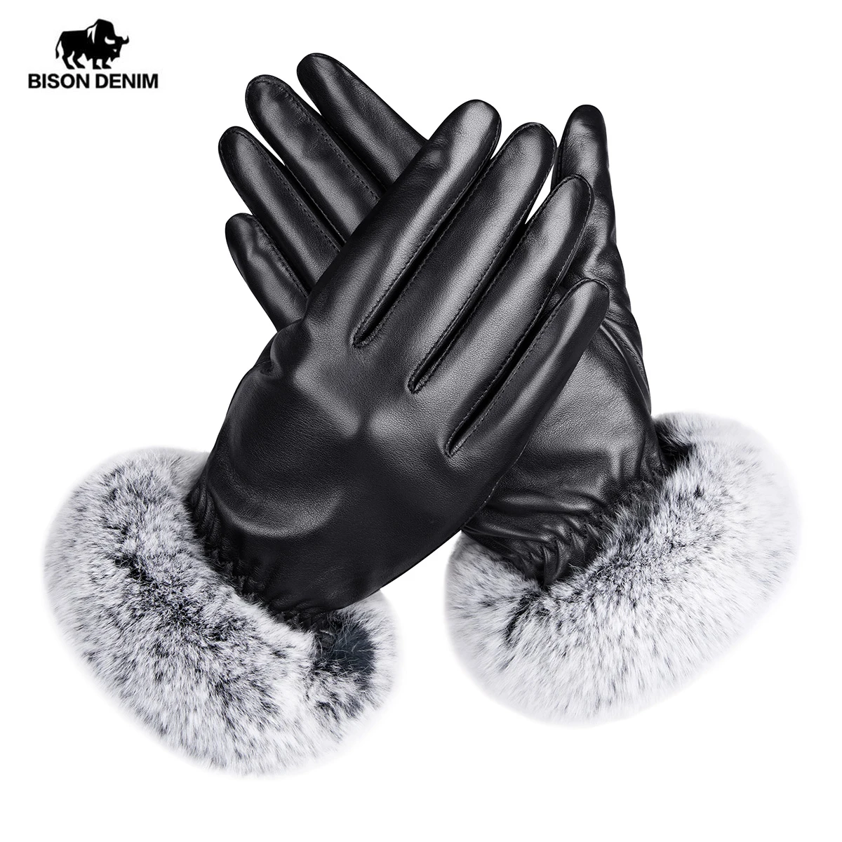 BISON DENIM Luxury Women\'s Autumn Winter 100% Real Sheepskin Leather Gloves Genuien Leather Mittens Autumn Winter Gloves