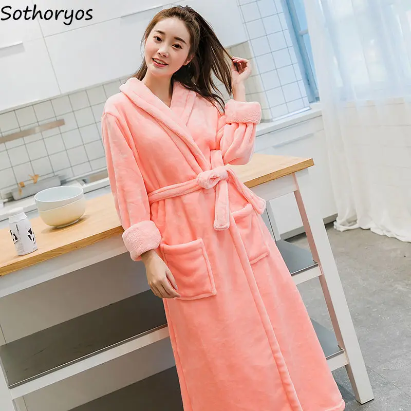 

Nightgowns Women Long Sleeve Flannel Calf Length Sleepwear Simple Kimono Casual Winter Warm Thickening Bathrobe Home Lounge Wear