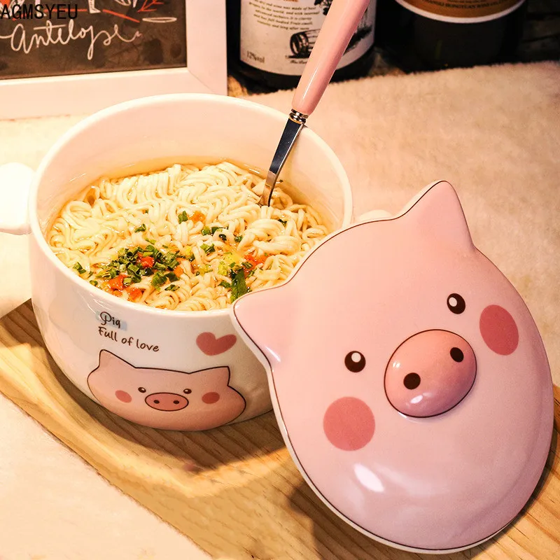 Ceramic soup bowl dish bowl kitchen household creative cute binaural personality student dormitory instant noodle bowl with lid