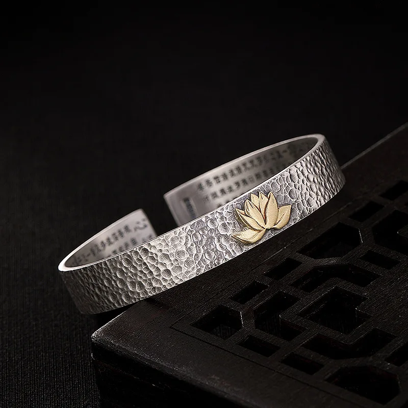 

★Silver Bracelet Heart Sutra lotus retro Bracelet make old s999 Sterling Silver personalized matte open Bracelet Gift