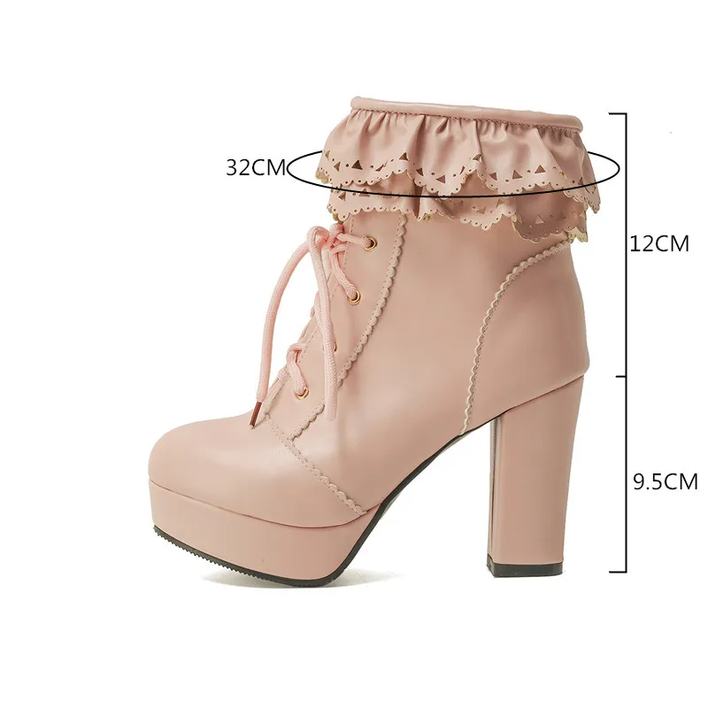 YMECHIC Autunno Inverno Lolita Hollow Ruffles Cross Cinghia Della Caviglia di Modo Stivali Tacco Alto Rosa Beige Rosso Della Piattaforma Scarpe