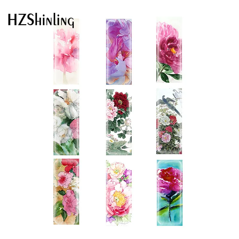 Peony Paintings Flower Rectangular Glass Cabochons Jewelry Findings & Components Semi Finished Jewelry