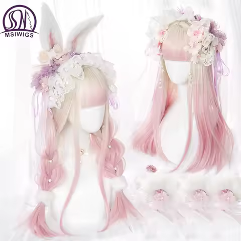 MSIWIGS Women's Long Straight Synthetic Pink Blue Lolita Cosplay Wig for Party with Bangs Anime Wigs Heat Resistant Fiber