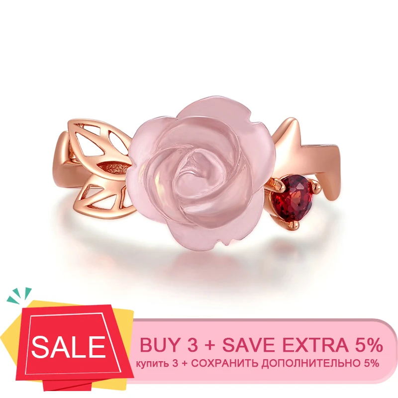 LAMOON 925 Sterling Silver Ring For Women Rose Quartz Gemstone Rose Flower 18K Rose Gold Plate Adjustable Ring  Jewelry LMRI025 image 2