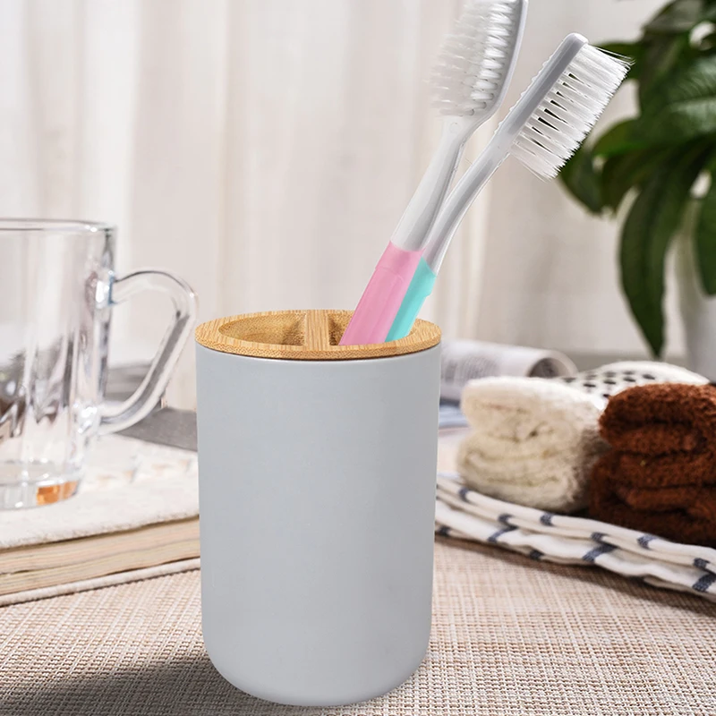 6Pcs Bamboo Wood Bathroom Set Toothbrush Holder Soap Dish Trash Can Toilet Brush Container