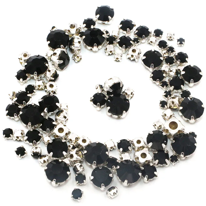 New Hot sale Garment beads 100pcs/pack Mixed size Black glass crystal sliver base sew on rhinestones diy clothing accessories