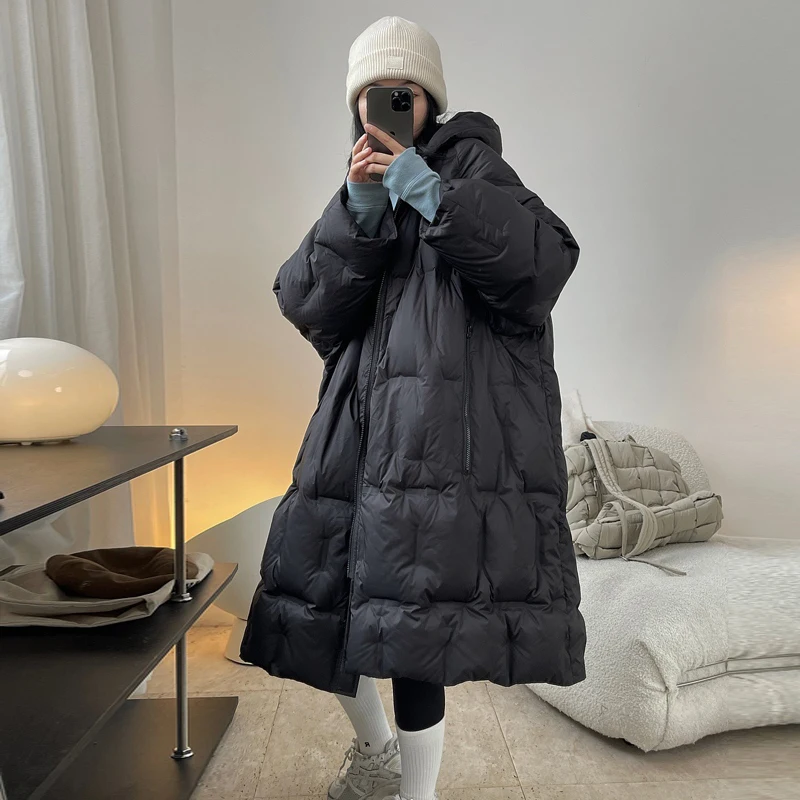 Luxury White Long women\'s winter jackets Newest Fashion Oversized Hooded Female Down coat Ladies feathers Outwear INKEO 1O436