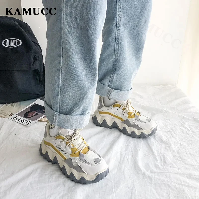 KAMUCC Women Shoes New Chunky Sneakers For Women Lace-Up White Vulcanize Shoes Casual Fashion Dad Shoes Platform Sneakers