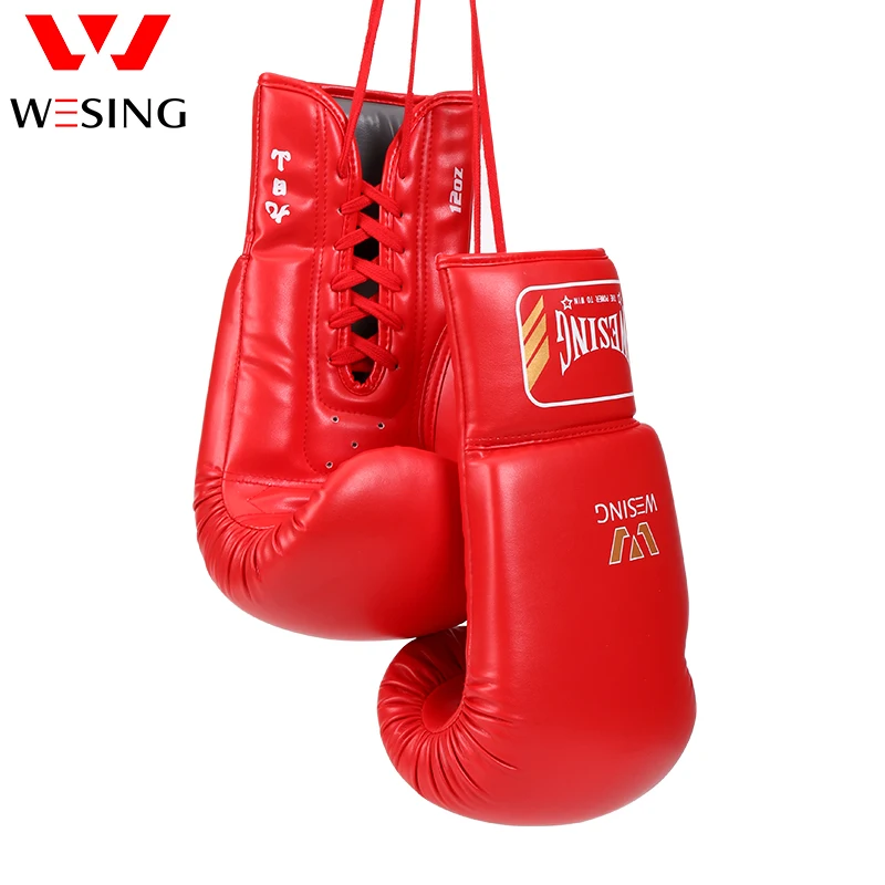 Wesing Lace-Up Boxing Gloves Pro Tied Style Sparring Gloves Large Size Competition Leather Training Muay Thai