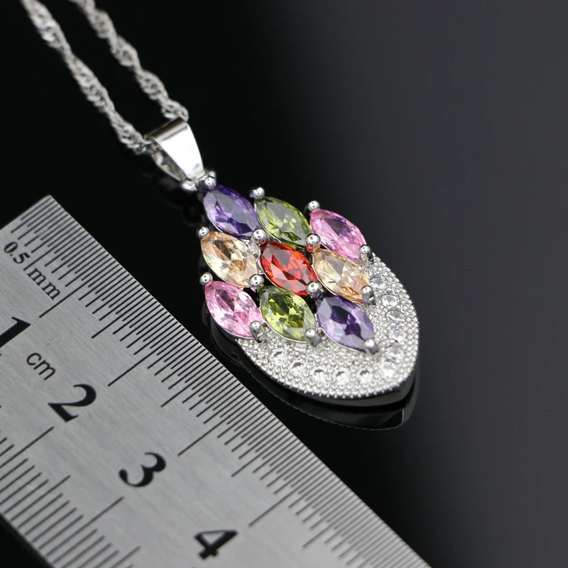 925 Silver Wedding Pendant Necklace for Women Multicolor Cubic Zirconia White Crystal Bridal Accessories