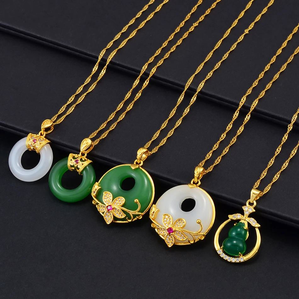 Anniyo Round Flower Gourd Green White Stone Pendant Necklaces Women Girs Chinese Cultural Fashion Luxury Accessories @@002236