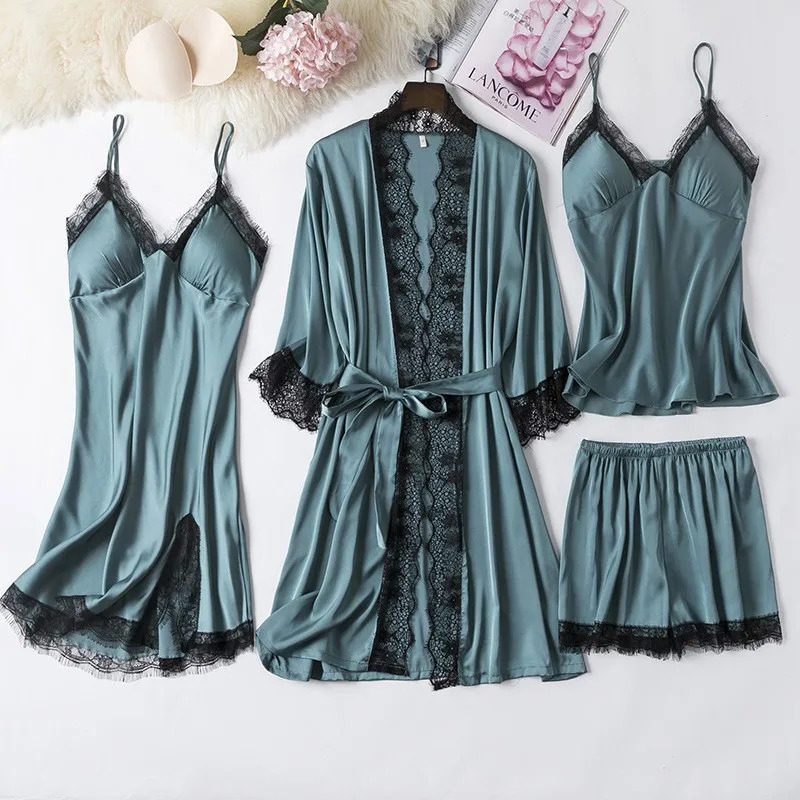 Satin Set Bride Bridesmaid Wedding Robe Gray Lace Kimono Gown Women Summer New V-Neck Casual Nightwear Intimate Lingerie