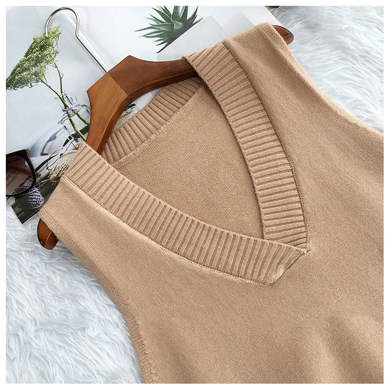 Women\'s Sweater Vest Sleeveless V Neck Basic Pink Autumn Winter Korean Fashion Loose Knitted Women\'s Jumper Knit Sweaters Tops