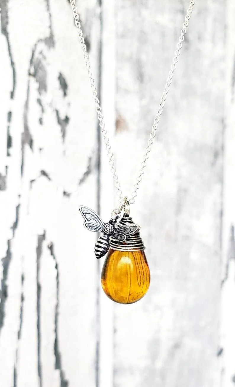 Honey Bee Necklace in Silver. Amber Wire Wrapped Briolette Charm Necklace.Honey Amber Necklace