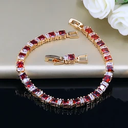 BeaQueen Exquisite Gold Color Jewelry Square CZ Crystal and Cubic Zircon Stone Setting Indian Red Bracelet for Women B039