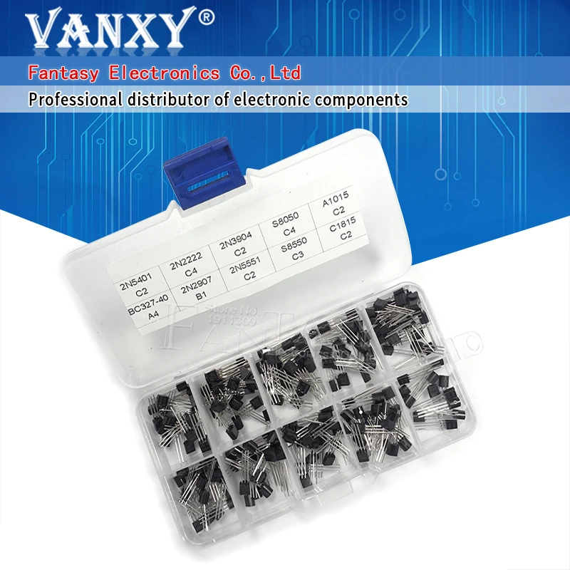 

10value 200PCS BC337 BC327 2N2222 2N2907 2N3904 2N3906 S8050 S8550 A1015 C1815 Transistor Assortment Kit Transistors Box Pack