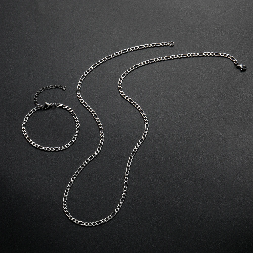 Low price Width 4MM stainless steel Figaro chain necklace bracelet fashion jewelry set For men and women Party gifts Drop ship