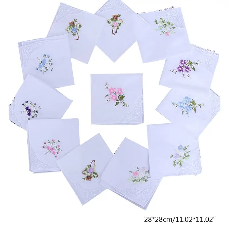 5Pcs Womens Cotton Handkerchiefs Floral Embroidered Butterfly Lace Pocket Hanky