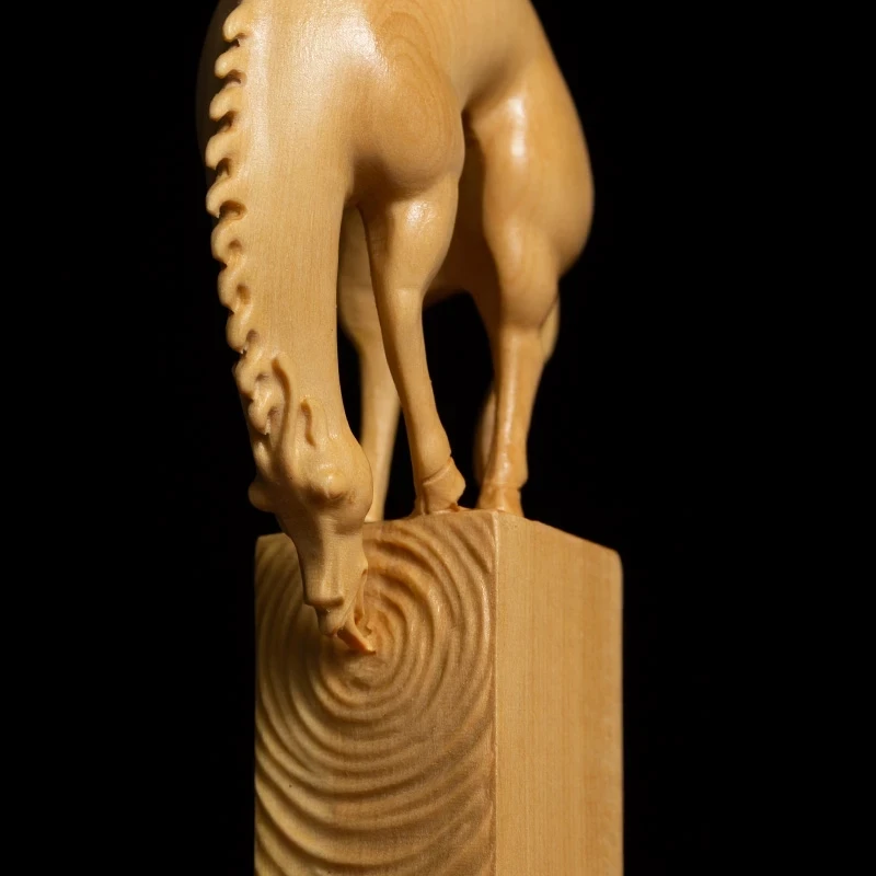 CCZHIDAO Horse Drinking River Chinese Boxwood Solid Wood Seal Animal Sculpture Carrying Lucky Zodiac Carving Home Decoration