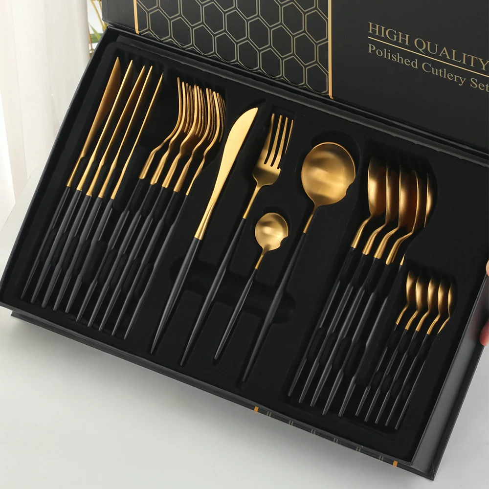 24PCS Gold Dinnerware Set Stainless Steel Knife Fork Spoon Colorful Luxury Tableware Set Hotel Kitchen Gift Box Cutlery Set