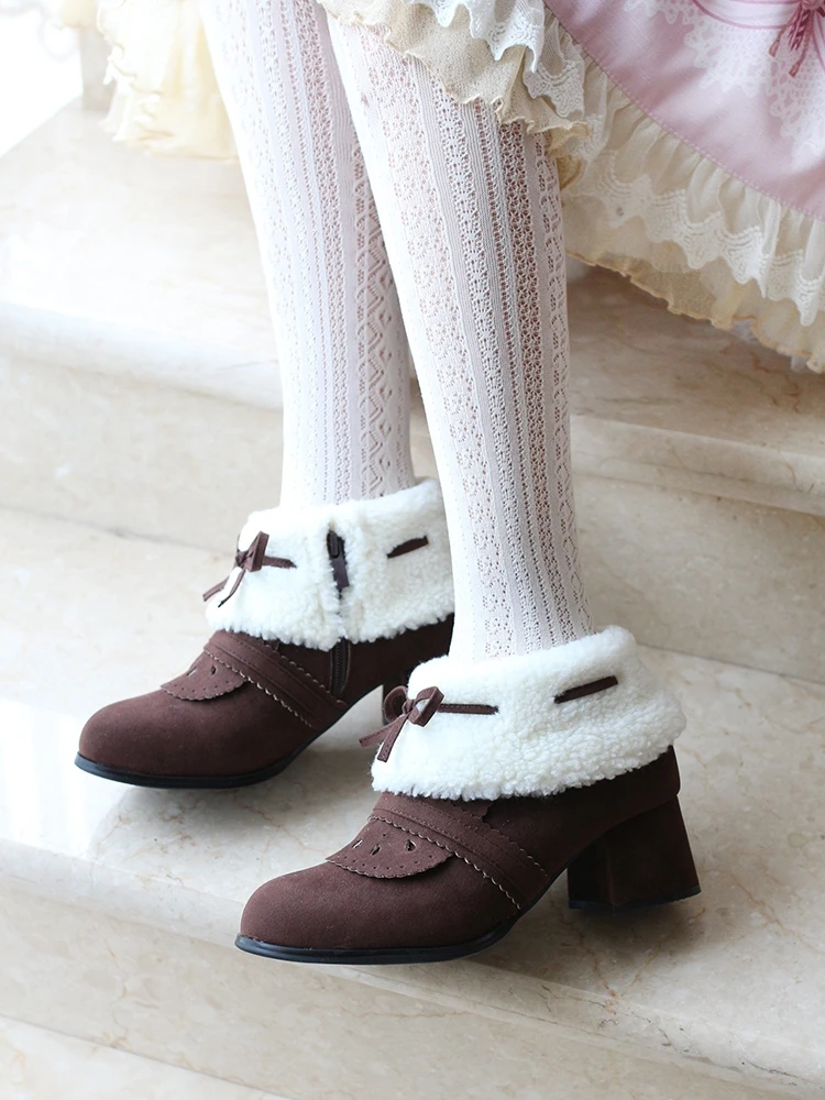 Warm Winter Lolita Shoes Plush Snow Boots Princess Short Boots Plus Velvet Women Shoes Cute Bowknot Kawaii Anime Loli Girls Boot