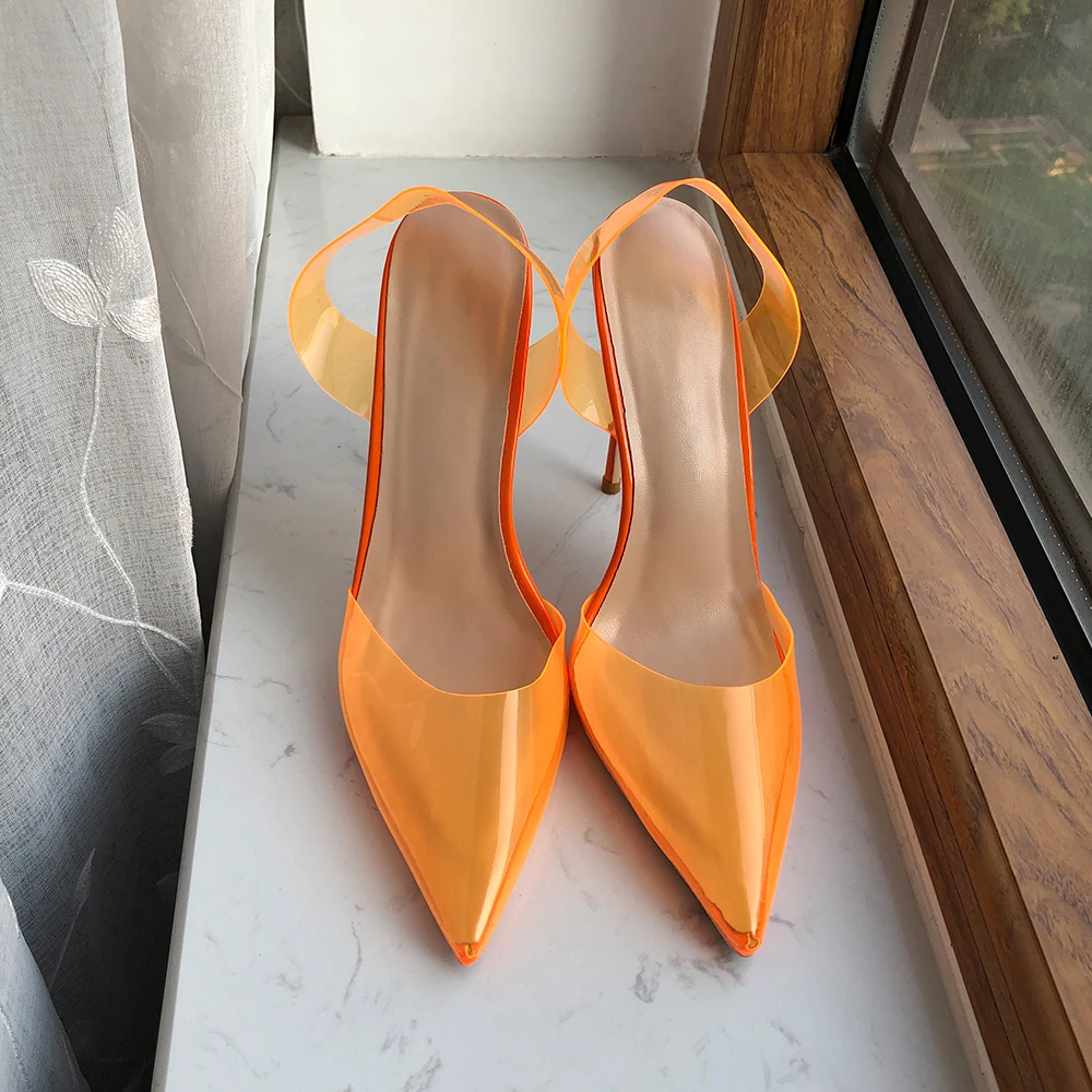 Tikicup Orange Summer Women Transparent Soft PVC Pointy Toe High Heel Slingback Shoes Jelly Stiletto Pumps Colors Customizable