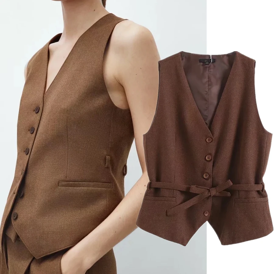 Maxdutti-Blazers de estilo inglés para mujer, ropa de oficina sin mangas con fajas de botonadura única, chaleco Simple a la moda, Tops cortos para mujer