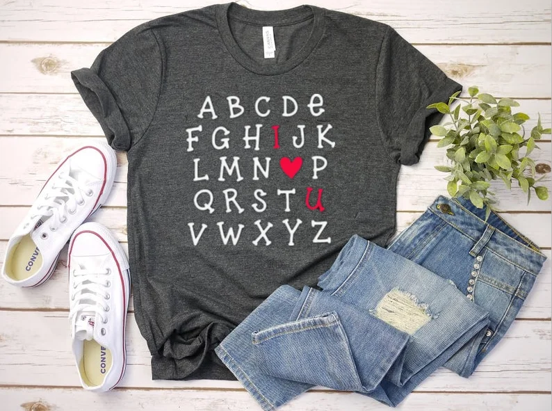 Teacher Valentine I Love you alphabet heart Day Funny Graphic O Neck Women 100%Cotton Casual Female Clothing Short Sleeve Tees