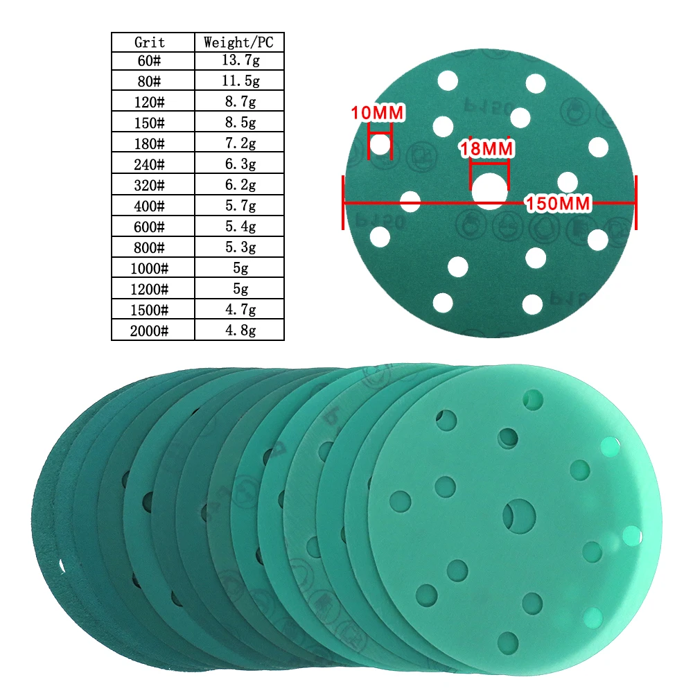 100pcs 6Inch 15 Holes 60-2000 Grits Hook and Loop  PET film  Green Sanding Discs 150mm  sanding discs