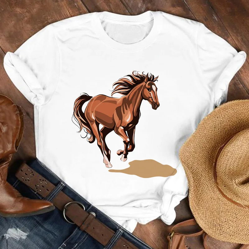 Cartoon Running horse Pattern Womens Tshirt Fashion O-Neck Female T-shirts Basic White T Shirts Summer Top Lady Tee shirt 2021