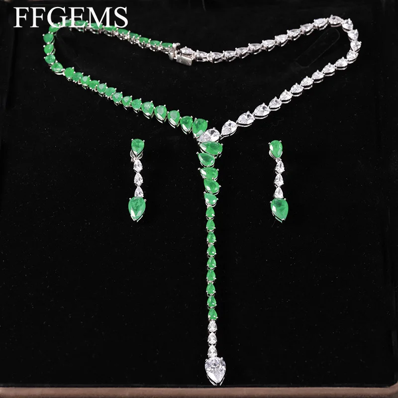 FFGems Silver Color Water Drop Necklace Choker Simple Big Stone Emerald Paraiba Diamond White Gold Women Fine Jewelry Party Gift