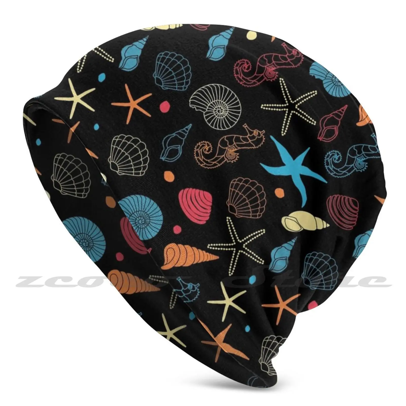 Seahorse Starfish Seashell Pattern Personalized Pattern Knit Hats Plus Size Elastic Soft Cap Seahorse Starfish Seashell Beach