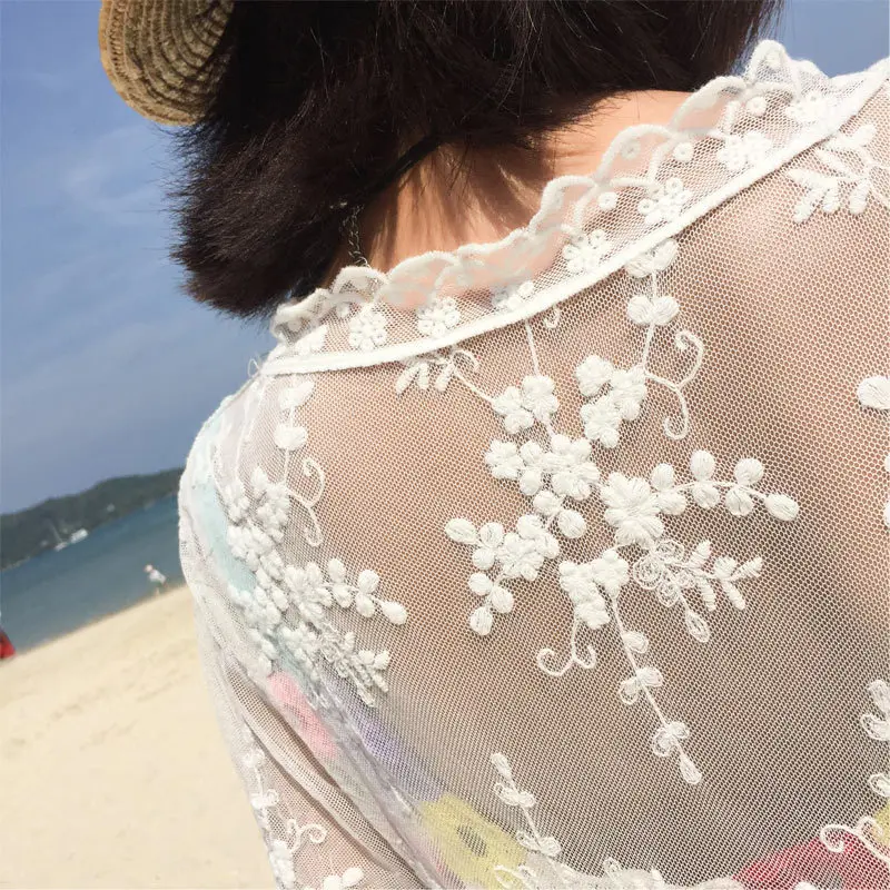 Korean Lace Cover Up Women White Beach Dress Ladies Bikini Cape Summer Boho Sexy See Through 3/4 Sleeve Mesh Cardigan