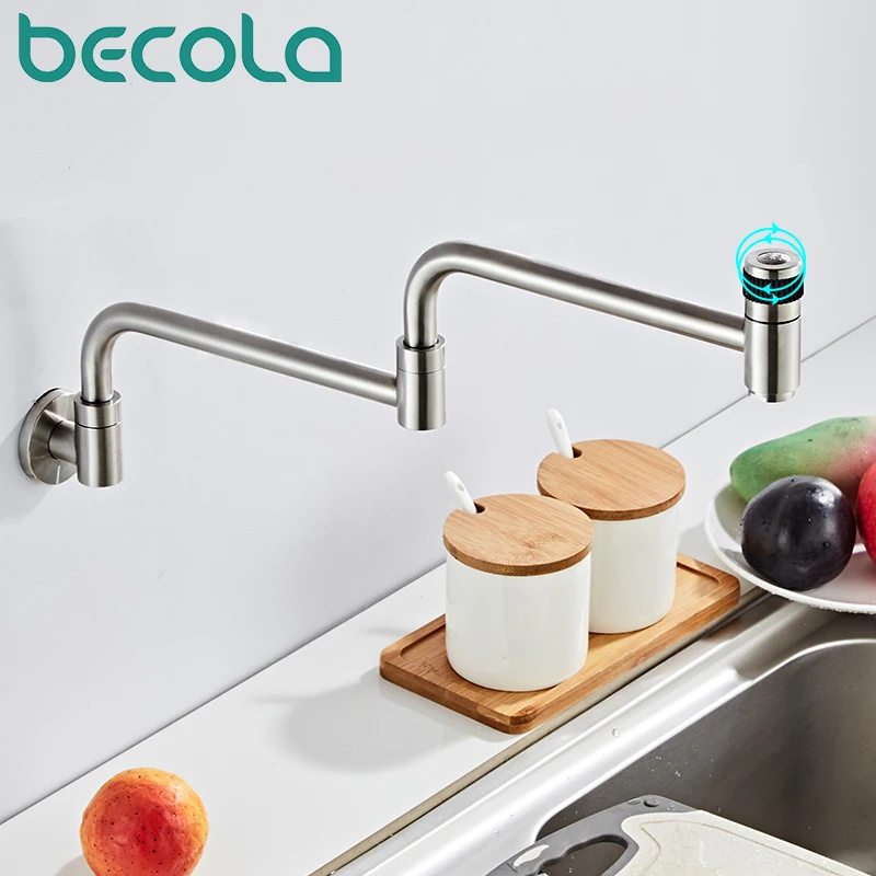 BECOLA Single Cold Stainless Steel Kitchen Faucet Folding Mixer 360 Degree Single Handle Chrome/Black Plated Kitchen Sink Taps