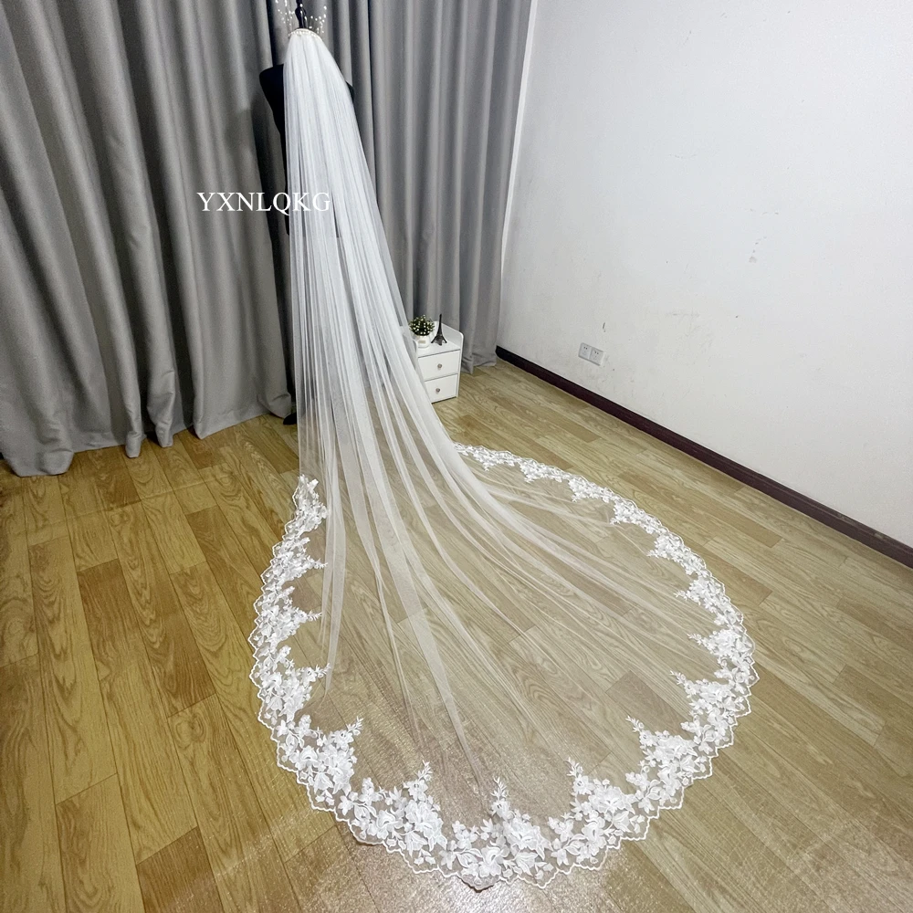 Feito sob encomenda Luxuoso 3 3M Véus De Noiva Com Borda Do Laço Applique Longo Catedral Uma Camada de Tule Véu de Noiva acessórios do casamento